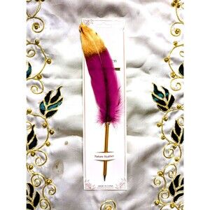 Violet Gold Tipped Decorated Natural Feather 0.5mm Ballpoint Black Ink Pen NIP